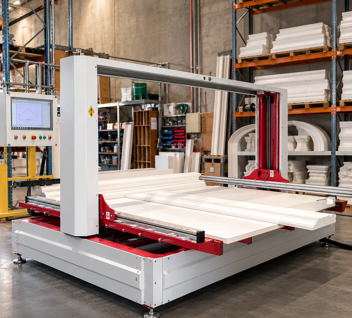 Two-axis CNC cutting machine shaping EPS mouldings in the Boss Products manufacturing facility