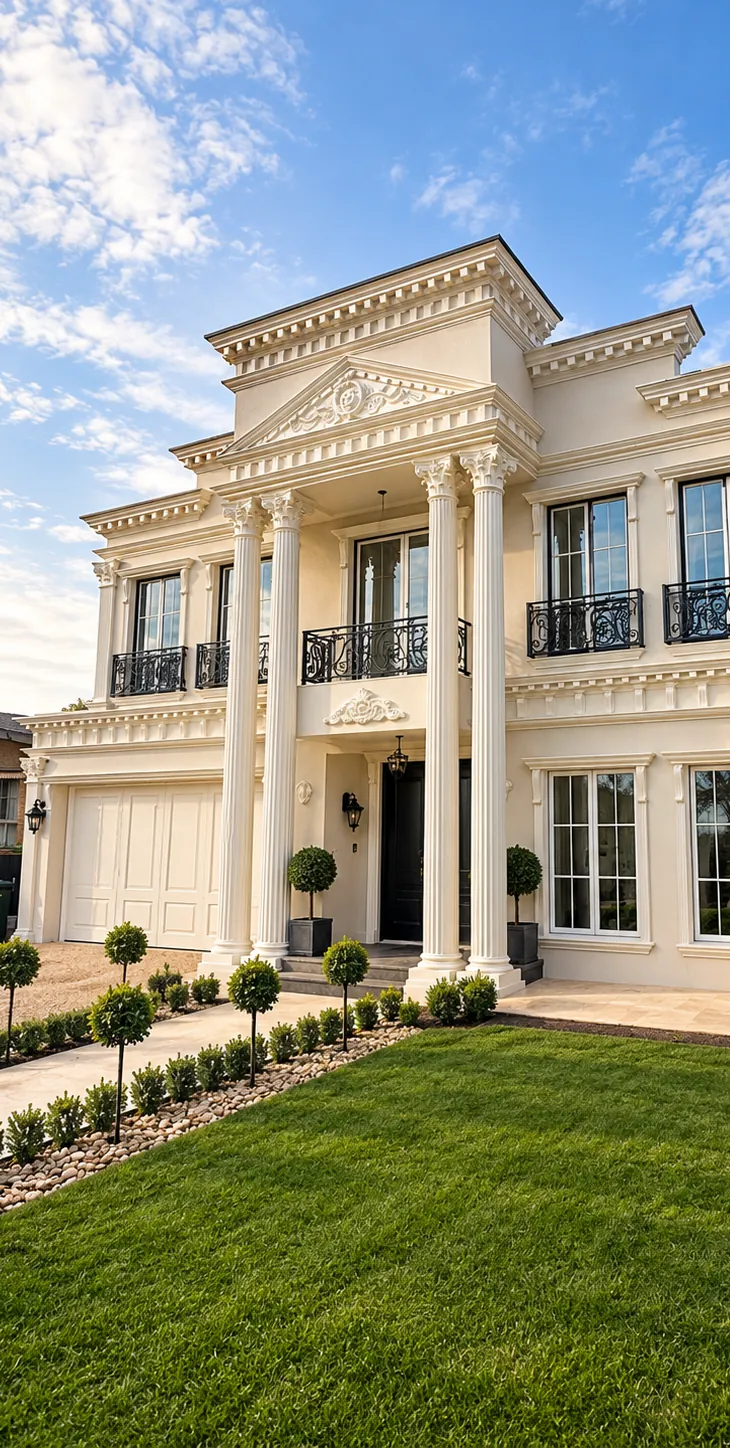 6 Alimar Road, Glen Waverley: double-storey façade with Corinthian columns, cornices and window mouldings